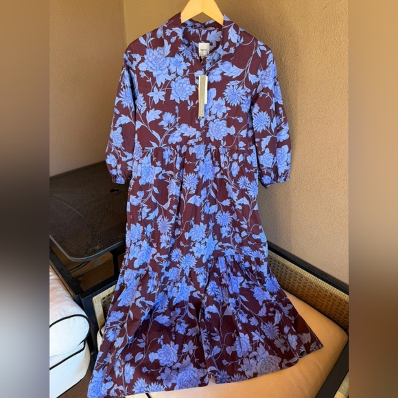 Anthropologie Maeve The Bettina Tiered Shirt Dress Maroon Blue Floral 100%Cotton - Picture 4 of 6